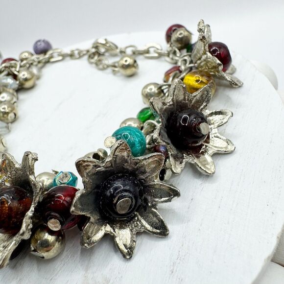 Colorful Glass Bead Flower Cluster Cha Cha Bracelet Silver Tone 7-8.5” - Picture 9 of 14
